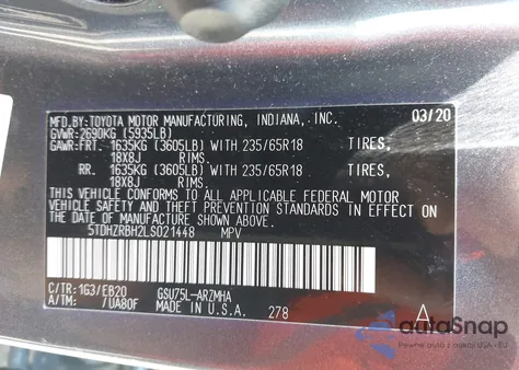 2020 Toyota Highlander Xle из США, поврежденный, VIN 5TDHZRBH2LS021448